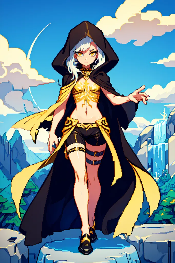 This image shows a person with pale skin, silver hair, and yellow eyes. They are wearing a black and gold outfit with a hood. They are standing on a stone structure in front of a waterfall. There are mountains in the background and a blue sky with white clouds. The person is looking to the right of the frame.