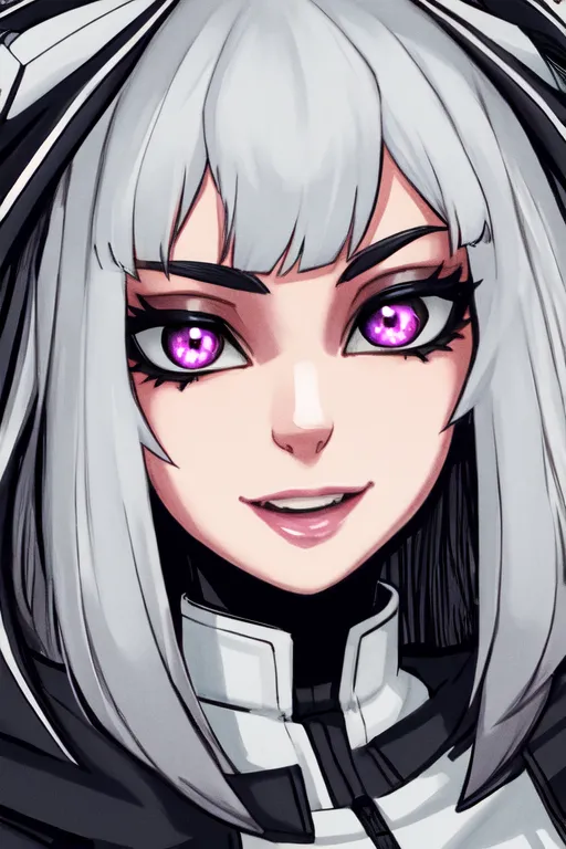 The image is a digital painting of a young woman with white hair and purple eyes. She is wearing a black and white outfit with a white collar. The image is cropped close to her face, and she is smiling at the viewer. The background is a dark color.