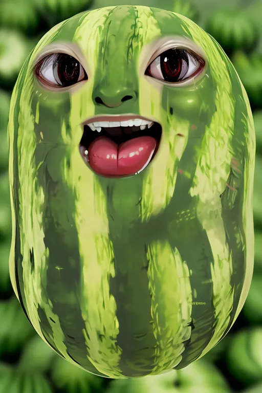 L'image contient un melon d'eau avec un visage humain. Le melon d'eau a des yeux noirs, une bouche souriante et une langue rouge. Le melon d'eau sue également. L'arrière-plan est une image floue de melons d'eau.