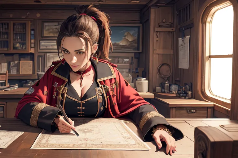 A woman wearing a red and black pirate-style outfit is sitting at a desk in a ship's cabin. She has a map spread out on the desk and is holding a quill pen. She is looking at the map intently, as if she is planning a journey. She has brown hair tied back in a ponytail and is wearing a black choker. The cabin is decorated with various nautical items, including a globe, a telescope, and a ship's wheel.