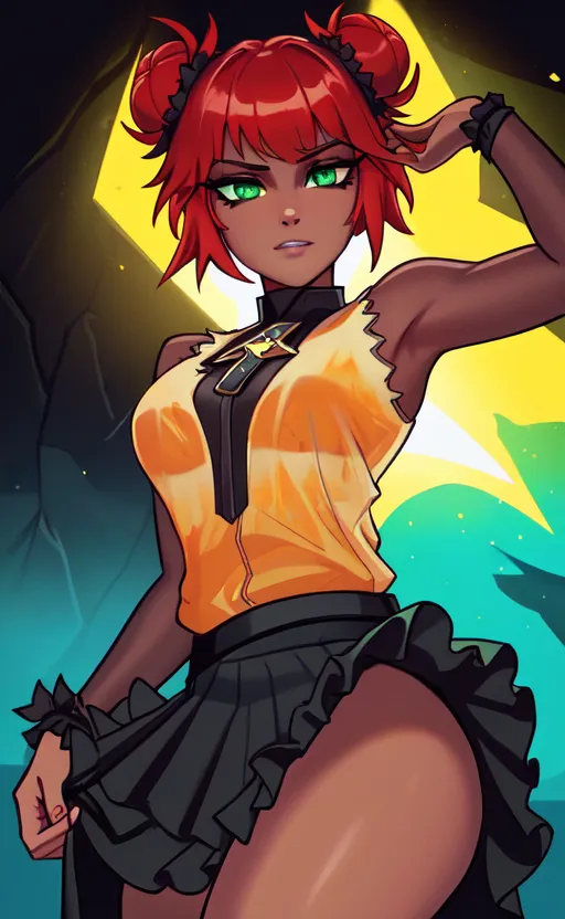 This is an image of a woman with red hair and green eyes. She is wearing a yellow shirt and a black skirt. She is standing in front of a dark background and there is a yellow light shining on her. She has a confident expression on her face and is looking at the viewer.