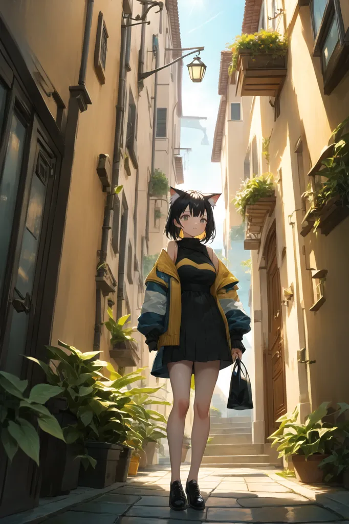 The image is a painting of a young woman with cat ears. She is standing in a narrow street with buildings on both sides. The buildings are tall and have many windows and doors. The street is made of cobblestones. The woman is wearing a black dress and a yellow jacket. She has a bag in her hand. She is looking at the viewer with a slight smile on her face.