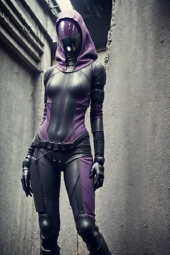 Esta é uma imagem de uma mulher usando um traje justo preto e roxo com um capuz. Ela está em pé em um beco escuro com os braços ao lado do corpo. Ela está usando um capacete futurista com uma viseira e tem uma arma no quadril. Ela também está usando luvas e botas.