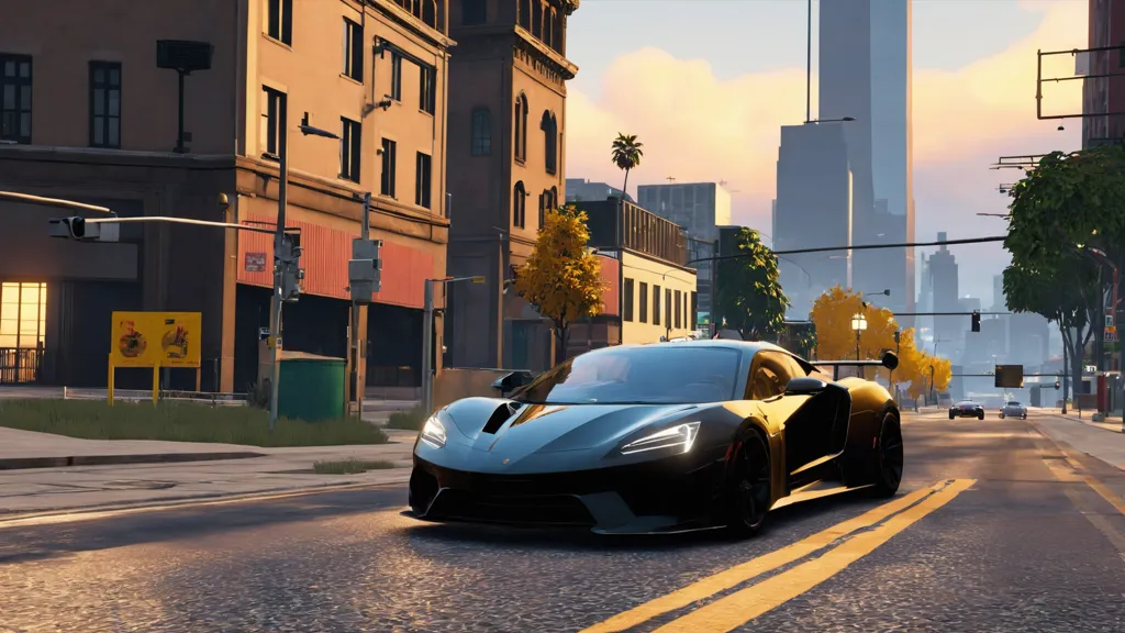 A black sports car is driving down a city street. The car is in the foreground and is blurred, while the background is in focus. The background consists of a few buildings and palm trees. The sky looks cloudy.