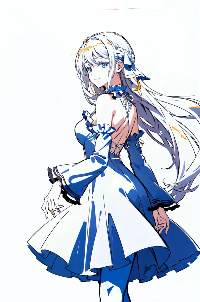 The picture shows a beautiful anime girl with long white hair and blue eyes. She is wearing a white and blue dress. The dress is off the shoulder with a sweetheart neckline. The skirt portion is pleated and fluffy. She is standing with her left hand on her hip and her right hand hanging by her side. She has a gentle smile on her face.