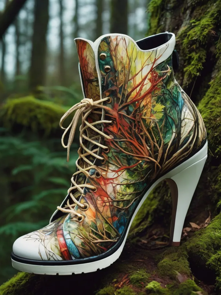 A boot with a high heel. The boot is decorated with colorful floral pattern. The boot is resting on a bed of moss. The background is a forest with green trees.