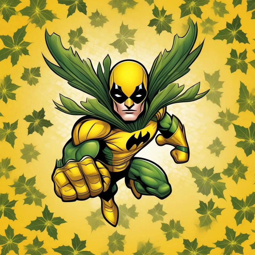 The superhero is wearing a yellow and green suit. The suit has a bat symbol on the chest. He is wearing a mask that covers his eyes. He has green wings that look like leaves. He is flying through the air with a determined look on his face. The background is a pattern of green leaves.