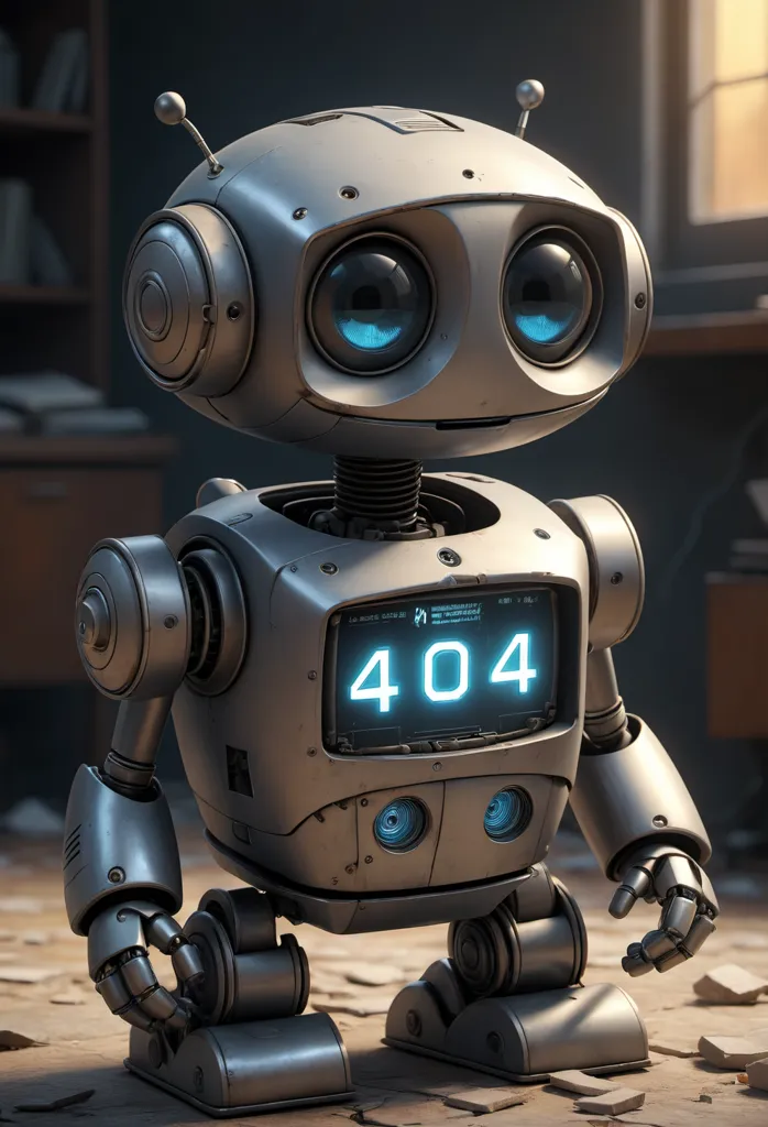 The robot is standing in a room. The room is dark and there is a window in the background. The robot has a screen on its chest that says "404". The robot is made of metal and has blue eyes. It has two antennas on its head and four wheels on its feet.