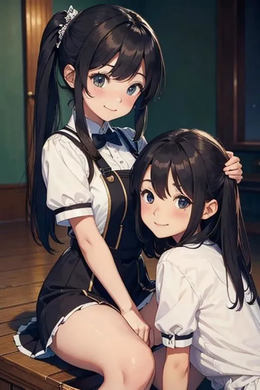 This image shows two anime girls with long black hair. They are both wearing white shirts and black skirts. The girl on the left has a ponytail and is smiling. She has her hand on the head of the girl on the right. The girl on the right is smiling and has her eyes closed.