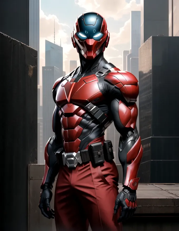 The image shows a superhero wearing a red and black suit. The superhero is standing on a rooftop, looking out over a city. The city is in the background and is out of focus. The superhero is muscular and has a determined expression on his face. He is wearing a helmet that has a visor. The visor is reflecting the light from the city. The superhero is also wearing a utility belt.