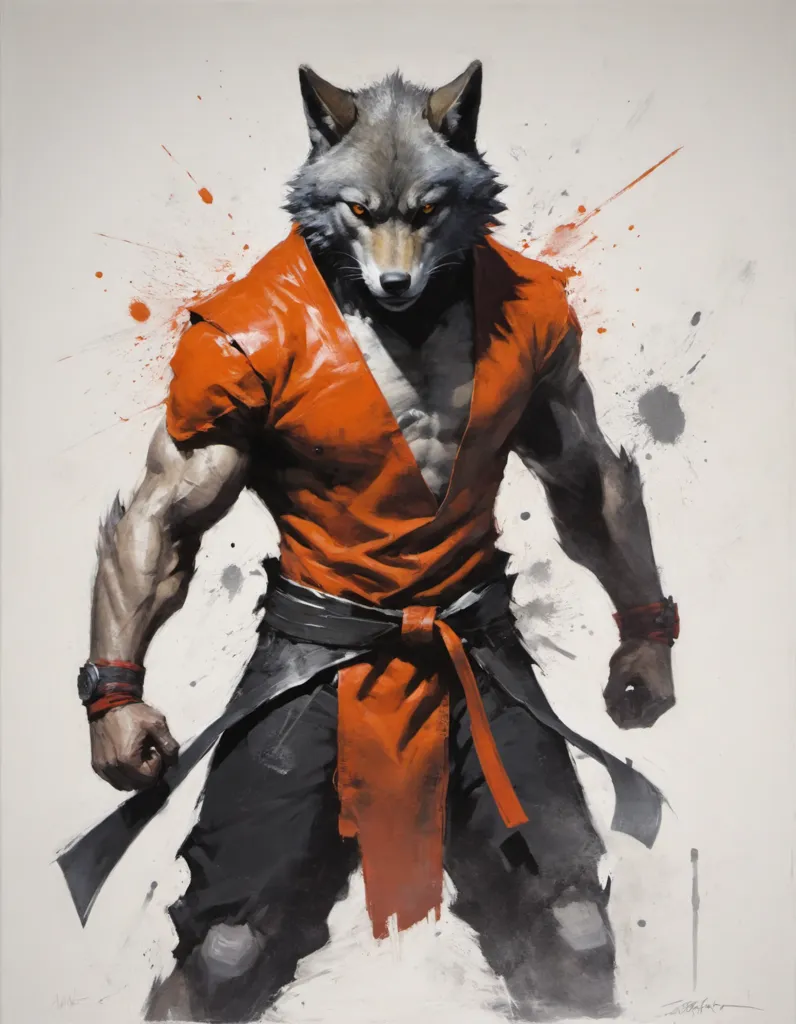 The image depicts a muscular wolf standing in a fighting stance. It is wearing a red and black gi and has a determined expression on its face. The background is a light gray color. The wolf is in the center of the image and is surrounded by several splatters of red paint. The image is highly stylized and looks like it was created using digital painting techniques.