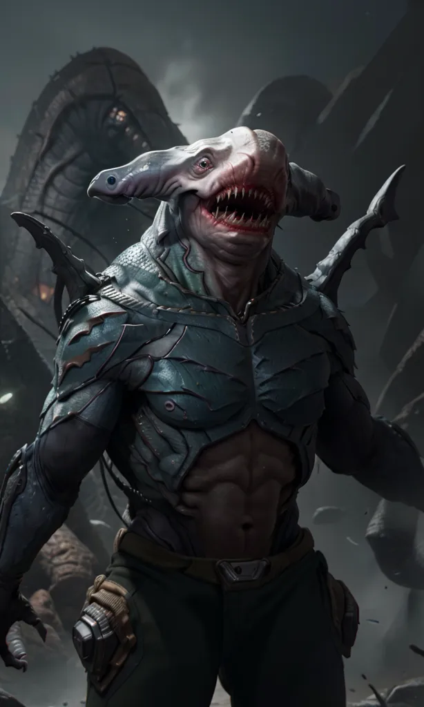 The image is of a humanoid shark. It has grey skin. The shark has a muscular build and is wearing a black and grey suit of armor. It has a large fin on its back and a pair of smaller fins on its head. Its mouth is open. and it has sharp teeth.