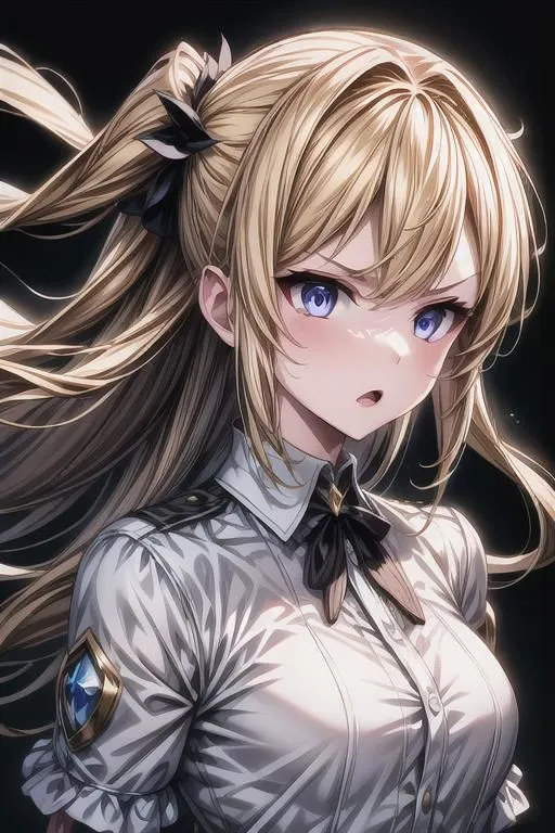 The picture shows a beautiful anime girl with long blonde hair and purple eyes. She is wearing a white shirt with a black tie and a black jacket. Her hair is tied in a ponytail and she has a small black bow in her hair. Her expression is serious and determined.