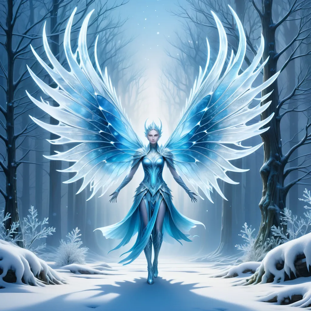 A winter fairy queen with long, white hair and blue skin stands in a snowy forest. She is wearing a silver dress with a blue cape, and her wings are outstretched. The fairy queen is surrounded by snowflakes, and her eyes are glowing blue. She is a beautiful and powerful creature, and she is the guardian of the winter forest.