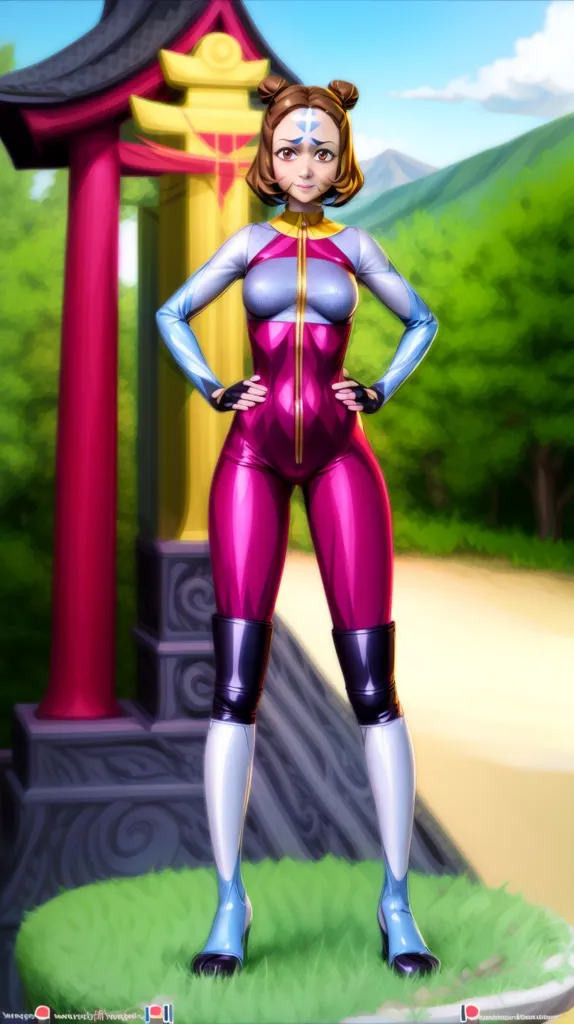 The image is of a young woman standing in a confident pose. She is wearing a purple and pink bodysuit that has the symbol of the Air Nation from Avatar the last Airbender on it. She has brown hair and blue eyes. She is standing in front of a stone structure with a red torii gate behind it. There are mountains in the background.