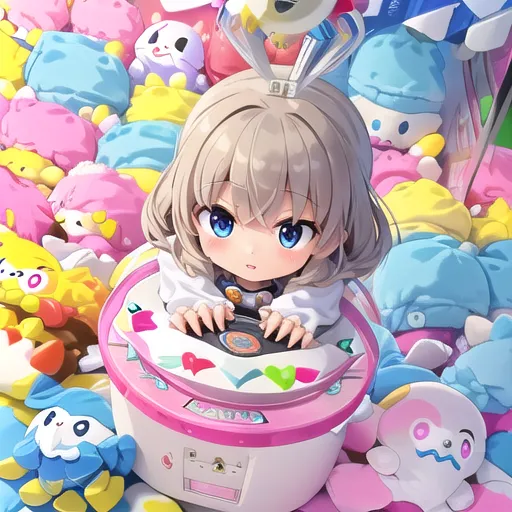 A small girl with bunny ears is sitting in a toy claw machine. She is wearing a white shirt and pink shorts. The claw machine is full of colorful toys. The girl is smiling and has her hands on the controls of the claw machine. She is trying to win a toy.