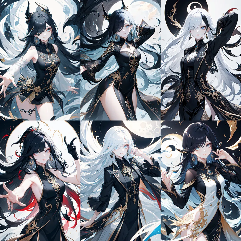 The image shows six different anime girls with black and white hair. They are all wearing black dresses with gold and red accents. The girls have different poses and expressions, and they are all surrounded by a white or black background.