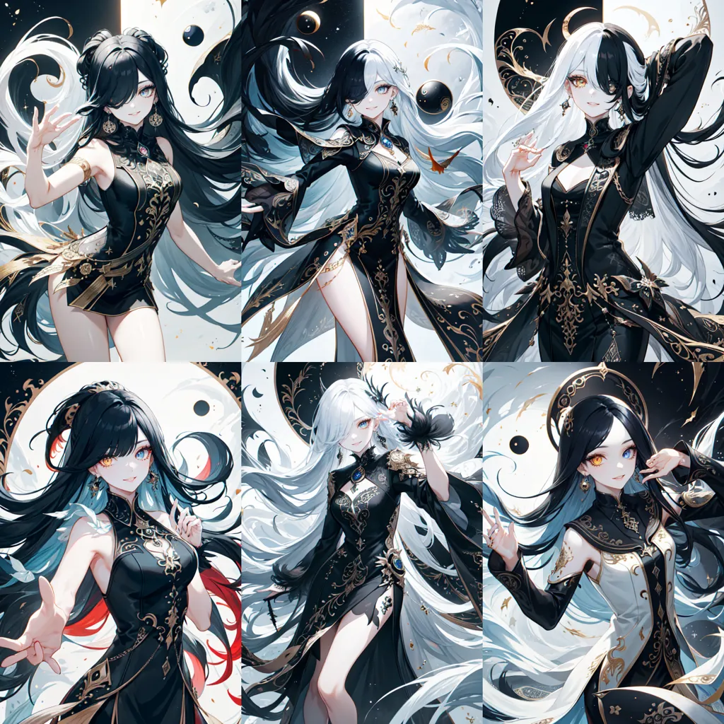 This image shows five different anime girls with long black and white hair. They are all wearing black and white dresses with intricate designs. The girls have different poses and expressions, and they are all surrounded by a white and black background. The overall aesthetic of the image is dark and mysterious.