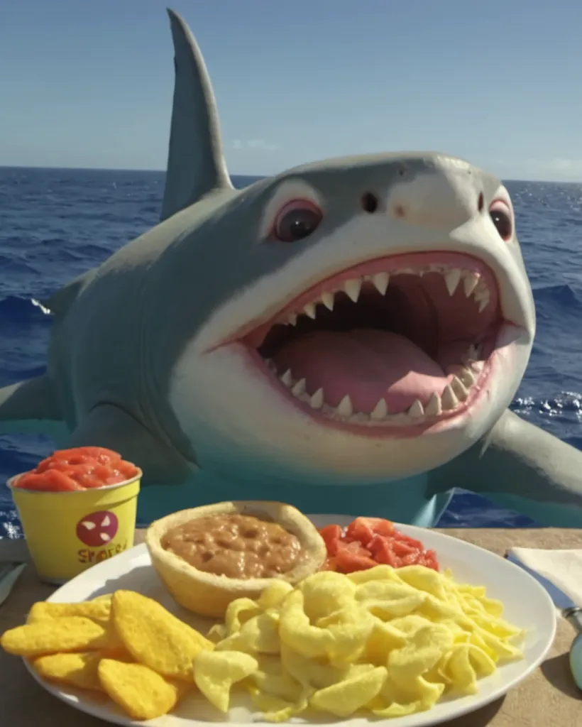 The image shows a shark with its mouth wide open. The shark is sitting on a table. On the table is a plate of food. The plate has a bowl of soup, a pile of french fries, and a piece of bread. The shark is looking at the food. The shark's teeth are sharp. The shark's eyes are wide and black. The shark's skin is gray and rough. The shark's fins are pointed and sharp. The shark's tail is long and powerful.