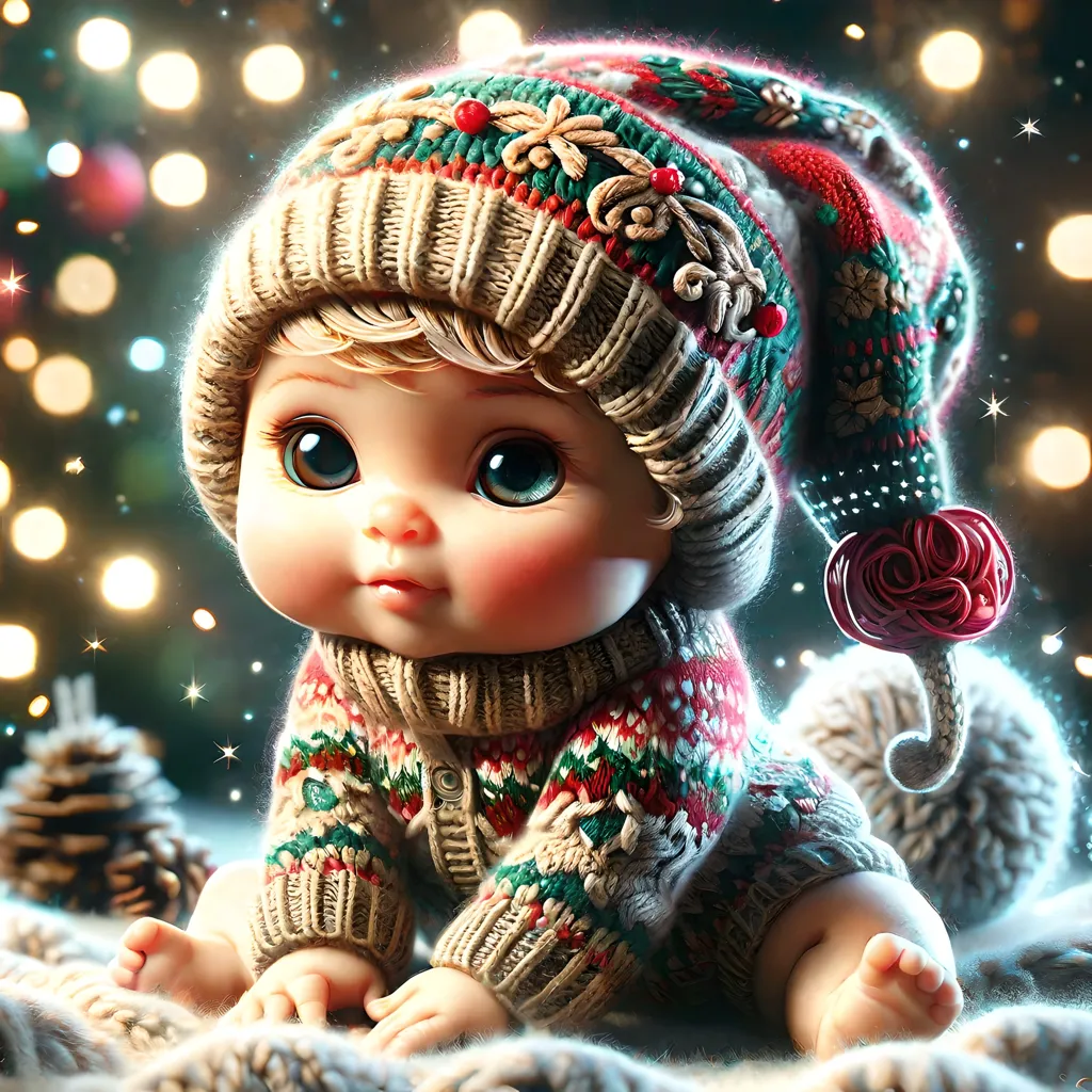 The image shows a cute baby doll with blonde hair and blue eyes. It is wearing a colorful knitted hat with a pom-pom on the end, and a matching sweater. The doll is sitting on a soft white blanket, surrounded by twinkling lights and pine cones. The background is a soft, out-of-focus blur of color. The overall effect is one of warmth and happiness.