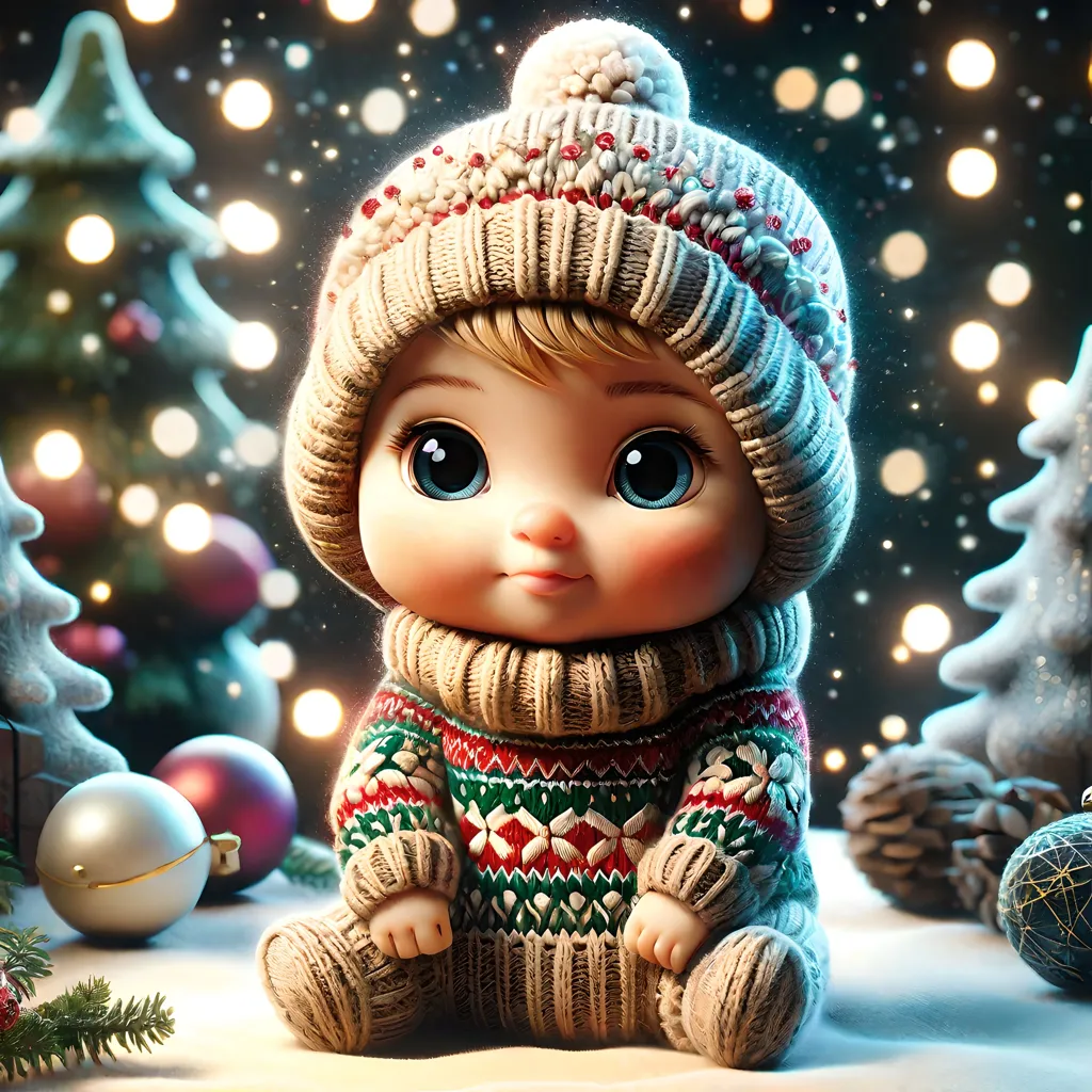 This image shows a cute baby doll with blue eyes and a button nose. It is wearing a tan and red Christmas sweater with a matching hat. The doll is sitting on a white surface surrounded by Christmas ornaments and decorations. There are two small Christmas trees in the background. The background is a soft, out-of-focus blur of white lights.