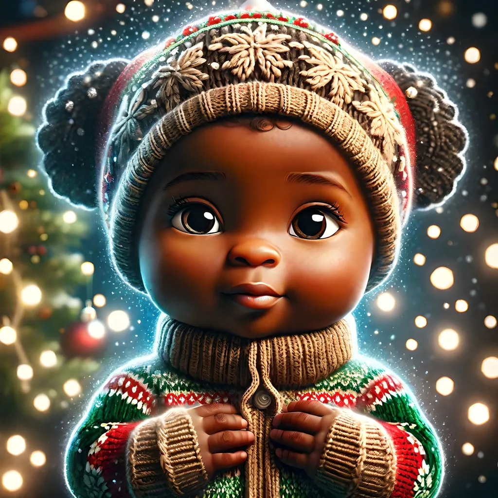 This is a picture of a cute baby. The baby is wearing a Christmas sweater with a snowflake pattern and a matching hat. The baby's eyes are wide open and looking at the camera. The baby's skin is dark brown. The background is blurry and has a pattern of falling snow and there are also some blurry Christmas lights in the background.