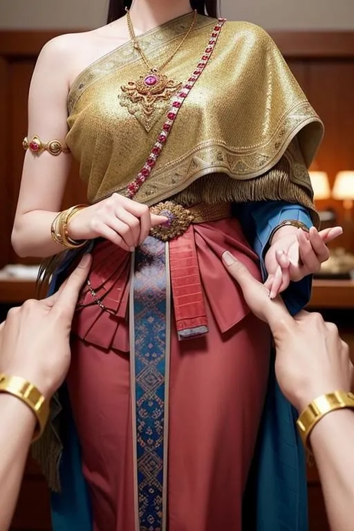 The picture shows a Thai woman wearing a traditional Thai dress. The dress is golden and has a long train. The woman is also wearing a traditional Thai headdress and jewelry. She is standing in a room with a red carpet. There are two hands helping her to wear the dress.