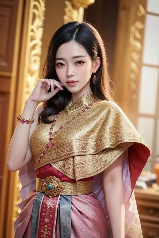 The image shows a young woman wearing a traditional Thai dress. The dress is made of a pink and gold brocade fabric, and has a long, flowing skirt. The woman is also wearing a traditional Thai headdress and jewelry. She is standing in a room with a traditional Thai interior.