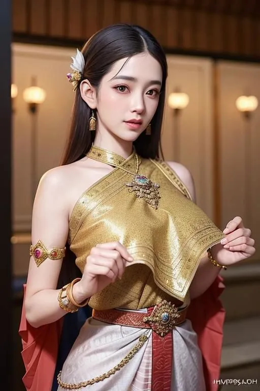 The image shows a beautiful Thai woman wearing a traditional Thai dress. The dress is made of a gold-colored fabric and has a long, flowing skirt. The woman is also wearing a number of traditional Thai accessories, including a necklace, earrings, and bracelets. She has long, dark hair and is wearing a traditional Thai hairstyle. The background of the image is a blur of lights, which suggests that the woman is in a busy city.