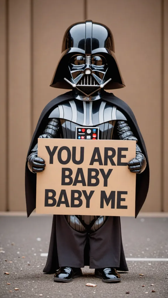 The image shows a small child dressed in a Darth Vader costume. The child is holding a sign that says "You are baby baby me". The child is standing in front of a brown background.