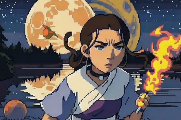 The image is of Azula from Avatar the Last Airbender. She is standing in front of a full moon, with a determined expression on her face. She is wearing her iconic blue and purple outfit, and her hair is down. She is holding a fire torch in her right hand. The background is a dark blue night sky, with a few stars visible.