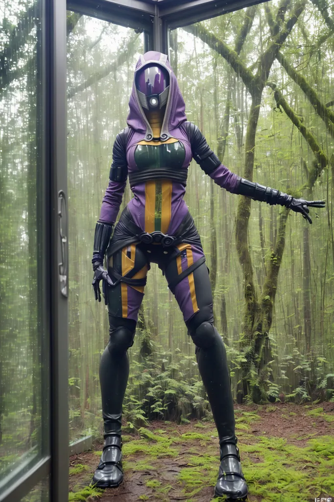 The image shows a tall, slender woman standing in a glass case. She is wearing a purple and black bodysuit with green and yellow accents. The bodysuit has a high collar and long sleeves, and it is cinched at the waist with a wide belt. She is also wearing a pair of black boots and a pair of gloves. The woman's face is hidden by a helmet with a visor. She is standing in a forest, and there are trees all around her. The trees are tall and green, and they are covered in leaves. The ground is covered in moss, and there is a small stream running through the forest.