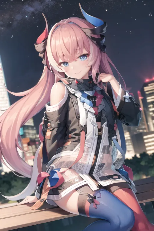 The image is an anime-style drawing of a young woman with pink hair and blue eyes. She is wearing a black and white jacket with a pink and blue bow, a white skirt, and blue stockings. She is sitting on a railing in front of a city skyline at night.