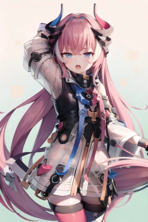 The image shows an anime-style girl with pink hair and blue eyes. She is wearing a white and pink outfit with a black jacket. She has a surprised expression on her face and is holding her head with one hand. She has horns on her head and a tail.