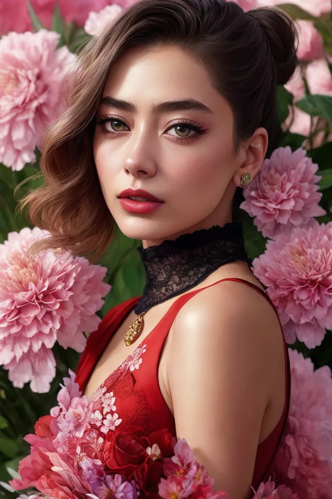 Gambar ini menunjukkan seorang wanita muda dengan rambut coklat panjang dan mata hijau. Dia mengenakan gaun merah dengan leher berbentuk hati dan choker hitam dari renda. Rambutnya diikat longgar dalam sanggul dan dia mengenakan riasan ringan. Dia berdiri di depan latar belakang bunga-bunga berwarna merah muda. Gambar ini diambil dari sudut dekat dan ekspresi wanita tersebut terlihat serius.