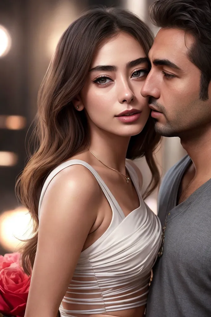 The image shows a man and a woman, who are presumably a couple, standing close to each other. The woman is slightly smiling and looking at the man. The man has his eyes closed and is resting his head on the woman's shoulder. The background is blurry and consists of warm colors. The overall mood of the image is intimate and loving.