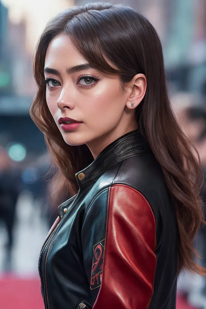 The image shows a young woman with long, wavy brown hair and light makeup. She is wearing a black leather jacket with red sleeves. The jacket has a small silver button near the collar and a larger silver button on the chest. There is a small silver stud earring in her left ear. She is looking at the camera with a serious expression.