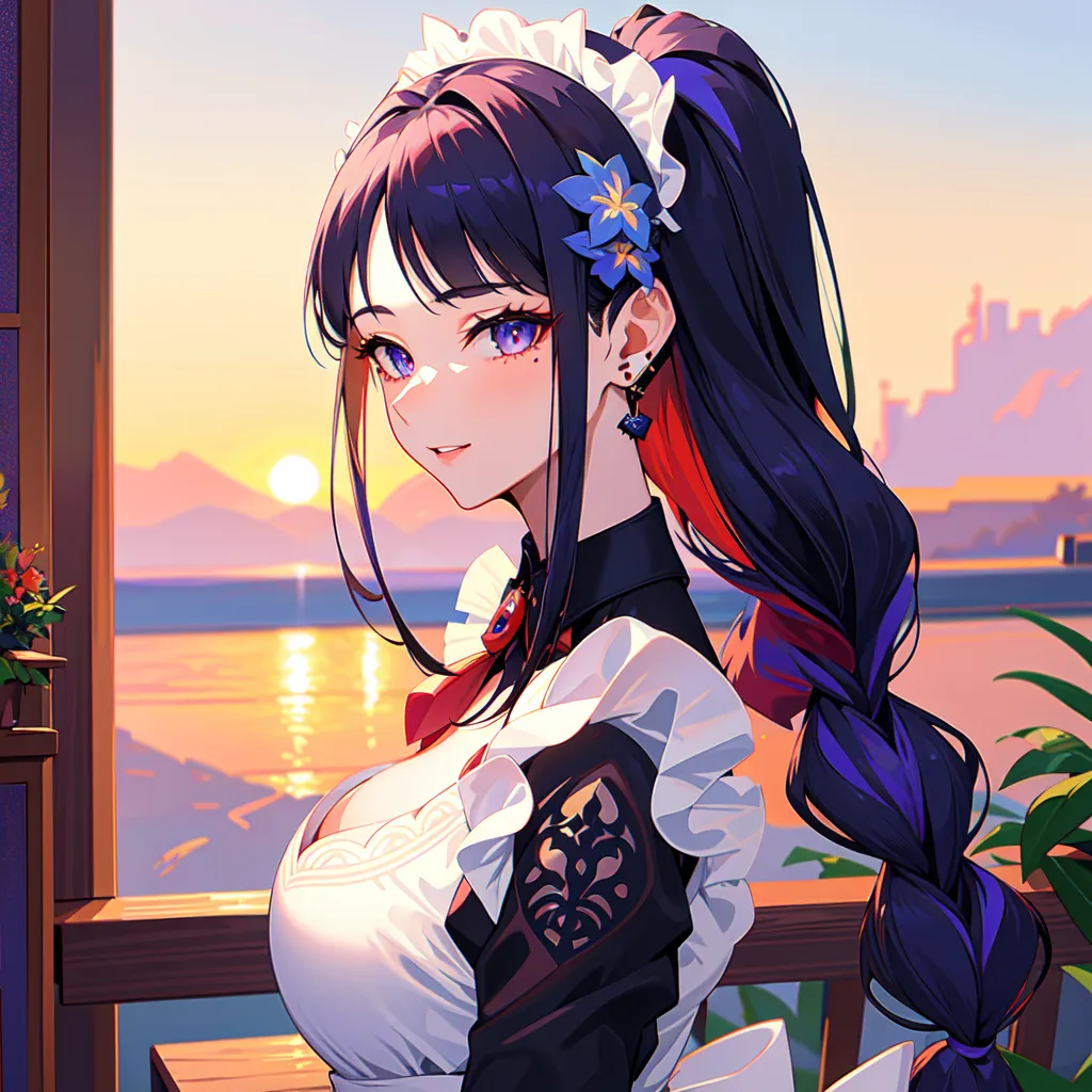 The image is a painting of a beautiful anime girl with long purple hair and blue eyes. She is wearing a white and black maid outfit. The girl is standing on a balcony, looking out at the sunset over the ocean. The sun is setting behind a mountain range, and the sky is a gradient of orange and pink. The girl is smiling and has a gentle expression on her face.