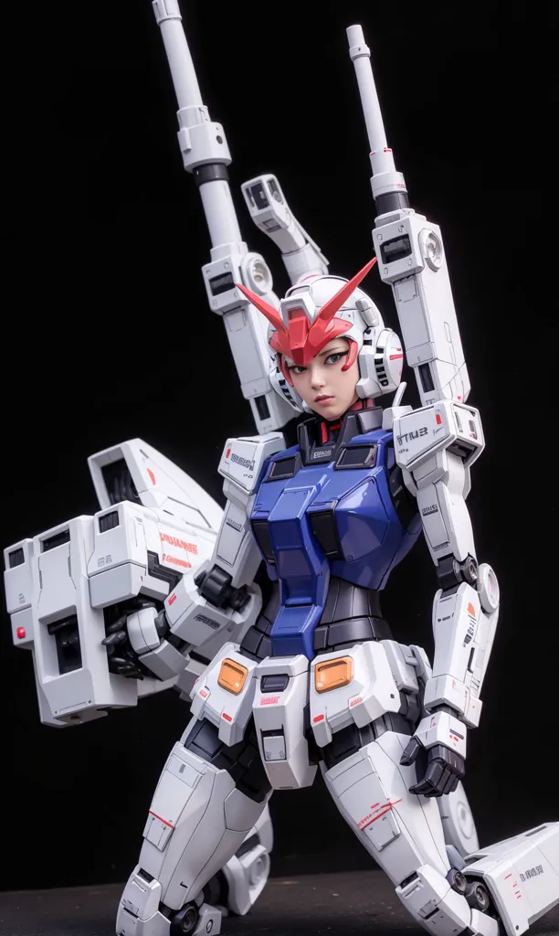 The image shows a model of a female Gundam robot. It is white and blue with red accents. The robot is kneeling on one knee and has a serious expression on its face. It is holding a large gun in its right hand and has a smaller gun on its left arm. The robot is standing in a dark room with a spotlight shining down on it.