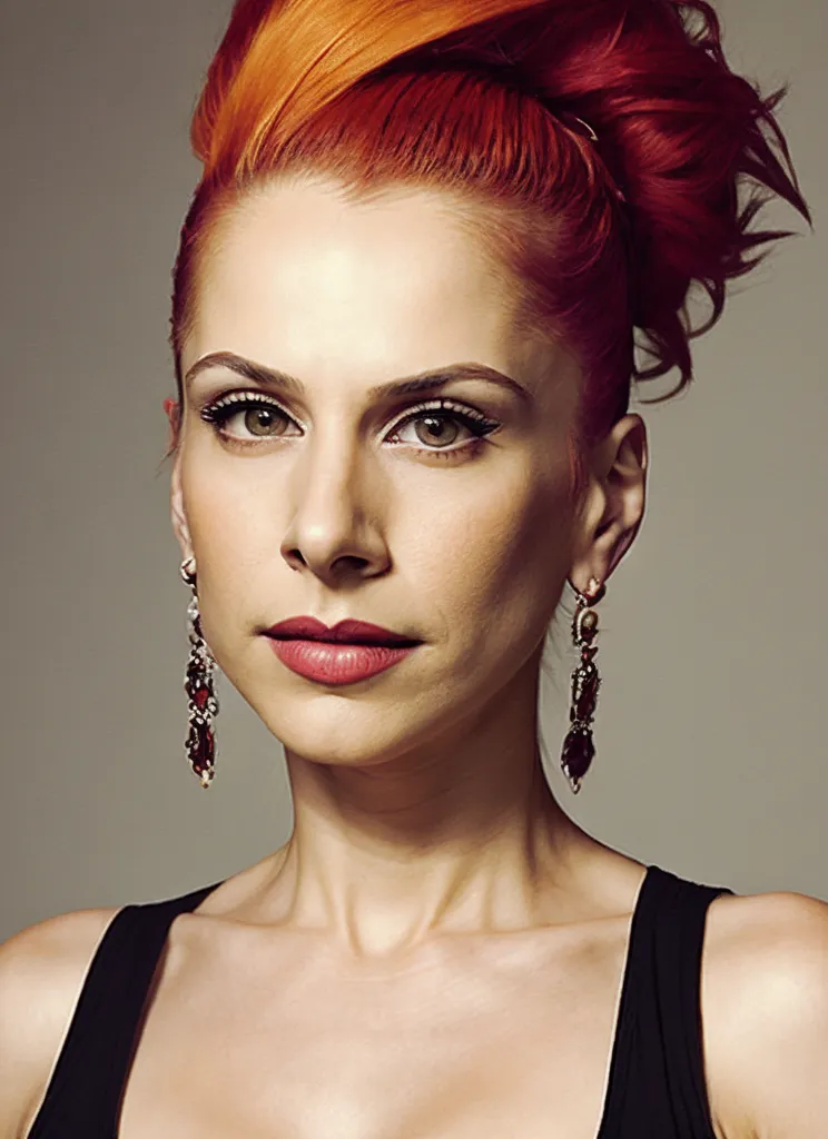 The picture shows a woman with red hair. The hair is pulled back into a bun. The woman is wearing dramatic makeup. She is wearing a black dress. The woman has light skin. She is looking at the camera with her head tilted a bit downwards at an angle.