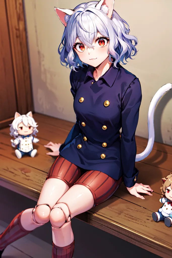 The image is of a young woman with white hair and red eyes. She is wearing a blue military-style jacket with gold buttons and red shorts. She also has a white cat tail and cat ears. She is sitting on a bench with two dolls beside her. The woman is smiling and has a gentle expression on her face. The image is drawn in a realistic style and the colors are vibrant and bright.