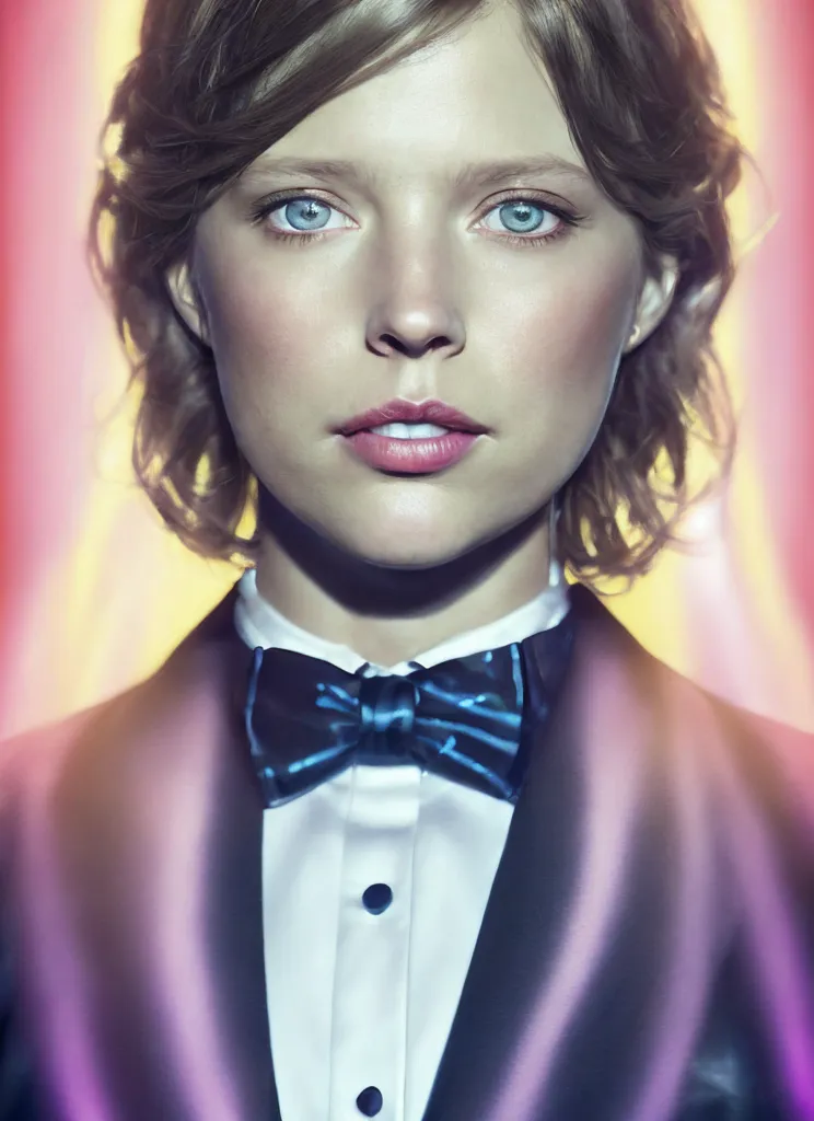 The picture shows a young woman with short brown hair and blue eyes. She is wearing a black tuxedo with a blue bow tie. The background is a bright yellow. The picture is taken from a close-up angle. The woman's expression is serious.