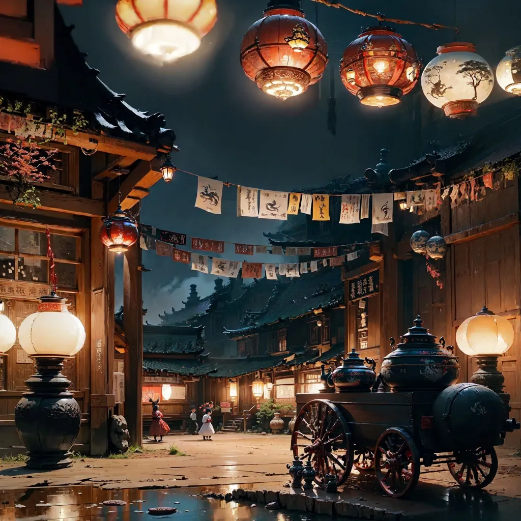 The image is a street scene in a Chinese town at night. The street is lit by red lanterns and there are people walking around. The buildings are traditional Chinese architecture with wooden facades and tiled roofs. There is a large tripod in the street with a spout that looks like a dragon's head. There are also some plants and trees in the street. The overall atmosphere of the image is peaceful and seren