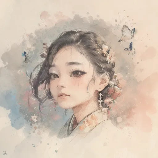 The image is a watercolor painting of a young woman. She has long, dark hair with flowers and butterflies in it. She is wearing a white kimono with a pink sash. The background is a light blue with a few splashes of pink and purple. The painting is done in a realistic style, and the artist has used a light touch to create a sense of delicacy and beauty. The woman's expression is one of serenity and peace. The painting is a beautiful and evocative work of art that captures the essence of the young woman's beauty and grace.