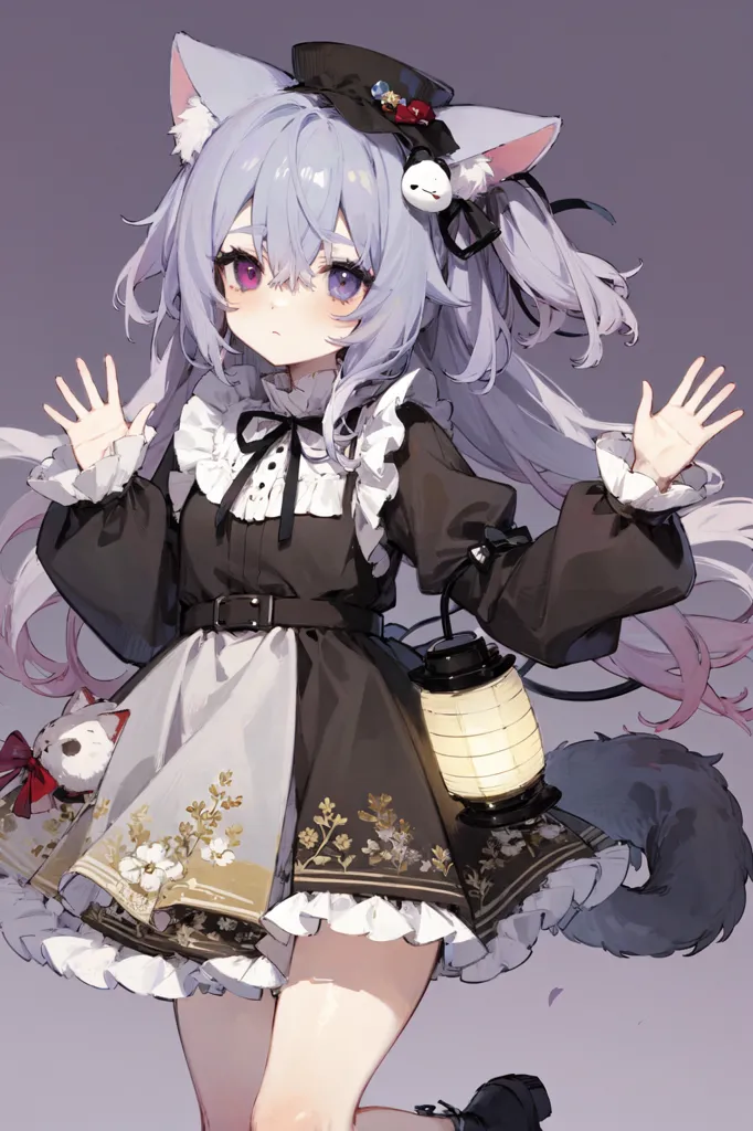 L'image représente une fille d'anime avec des oreilles de chat et une queue. Elle a de longs cheveux violets et des yeux violets. Elle porte une robe noire et blanche avec un motif floral. Elle porte également un chapeau noir avec un ruban blanc. Elle tient une lanterne dans sa main droite. Elle se tient dans un champ de fleurs. L'arrière-plan est un dégradé de violet et de rose.