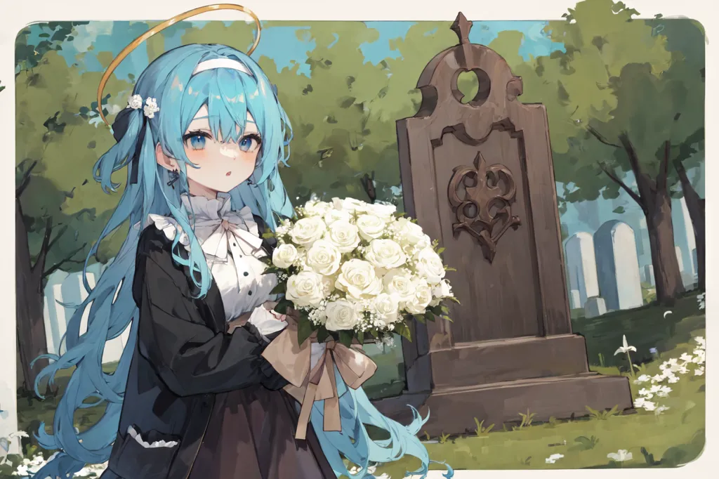 The image is a painting of a young woman with long blue hair and a white halo standing in a cemetery. She is wearing a black dress with a white collar and a blue sash. She is holding a bouquet of white roses with a long green ribbon tied around the stems. The woman is standing in front of a large gravestone. The gravestone is made of gray stone and has a large cross carved into the top. There is a small patch of grass in front of the gravestone with a few white flowers growing in it. The background of the image is a forest of green trees. The image is painted in a realistic style and the colors are muted and somber. The overall mood of the image is one of sadness and loss.