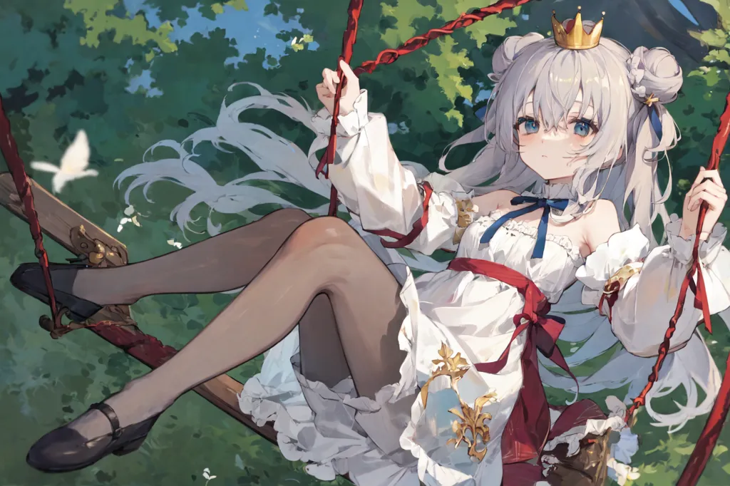 A girl with long white hair and blue eyes is sitting on a swing in a forest. She is wearing a white dress with a red sash and a gold crown. The girl is smiling and looks happy. There are green leaves and white flowers in the background.