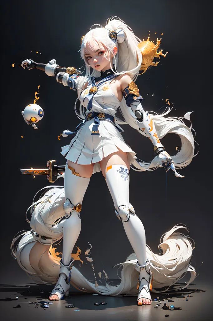 The image is of a young woman with long white hair and golden eyes. She is wearing a white and blue outfit with a pleated skirt and a large white bow in her hair. She is also wearing a pair of white boots and has a sword sheathed at her waist. She has a robotic left arm and leg. She is standing in a dark room with a spotlight shining down on her. There is a small white creature with one eye floating next to her.