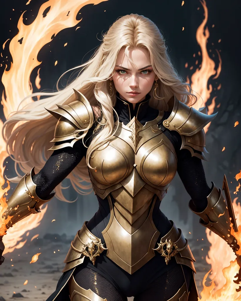 The image shows a woman wearing golden armor with black bodysuit. She has long blonde hair and green eyes. There are flames around her. She is looking at the viewer with a serious expression.