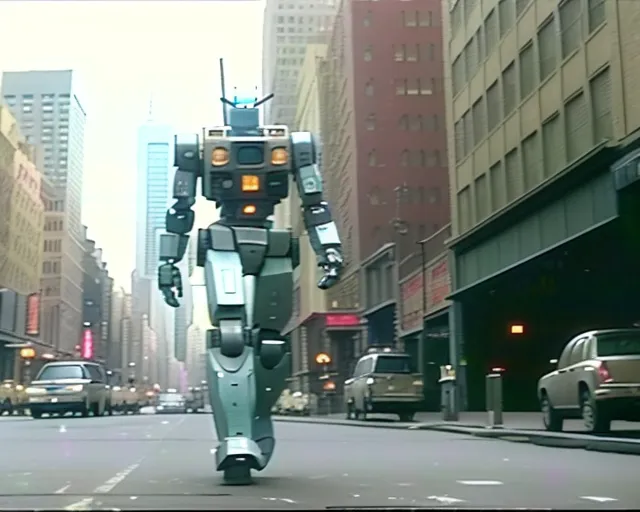 The image shows a giant robot walking down a city street. The robot is made of metal and has a rectangular head with a screen on it. It is wearing a gray and blue suit of armor. The robot is walking in the middle of the street, and there are cars parked on either side of it. There are also buildings on either side of the street. The robot is taller than the buildings.